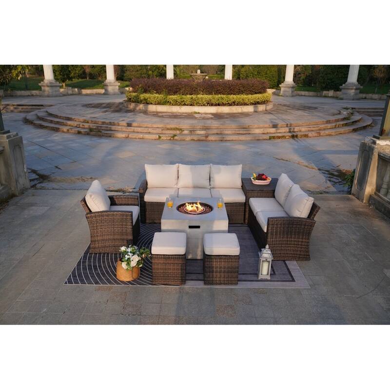 7-Piece Patio Brown Rattan Wicker Conversational Sofa Set with Fire Pit Table and Storage Box