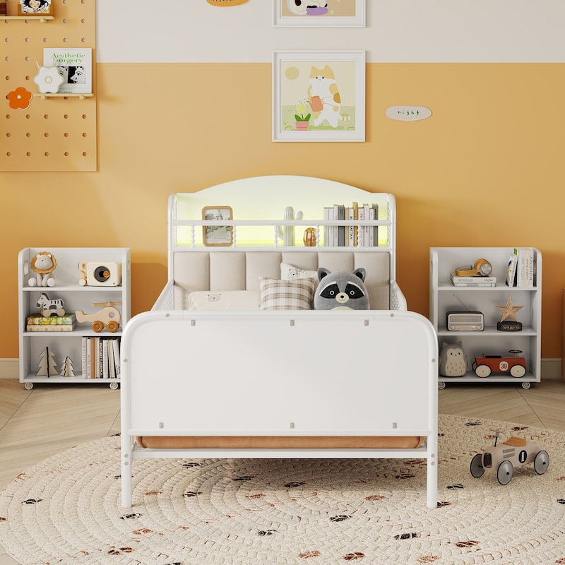Kids Platform Bed Metal Frame with Linen Fabric Upholstered Storage Headboard Built-in Light Strip, Both Sides Rails