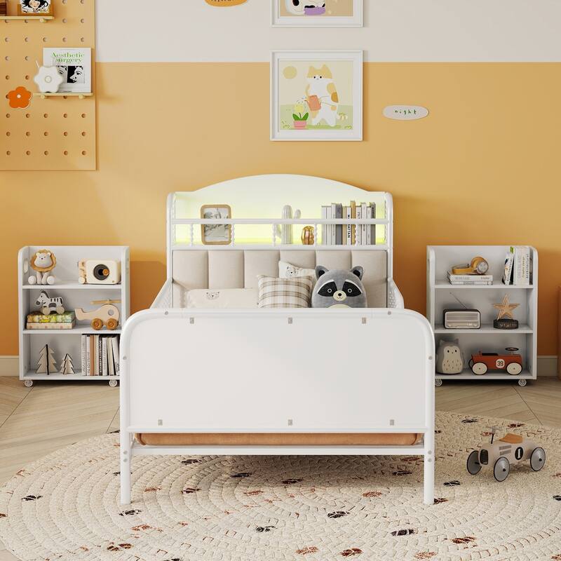 Twin Size LED Platform Bed with Upholstered Storage Headboard and 2 Pull Out Storage Shelves, Heavy Duty Metal Bed Frame - White - Twin