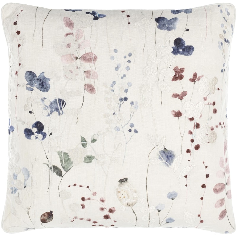 Dewayne Bohemian & Eclectic Floral Accent Pillow - 18"L x 18"W - Feather Down - White