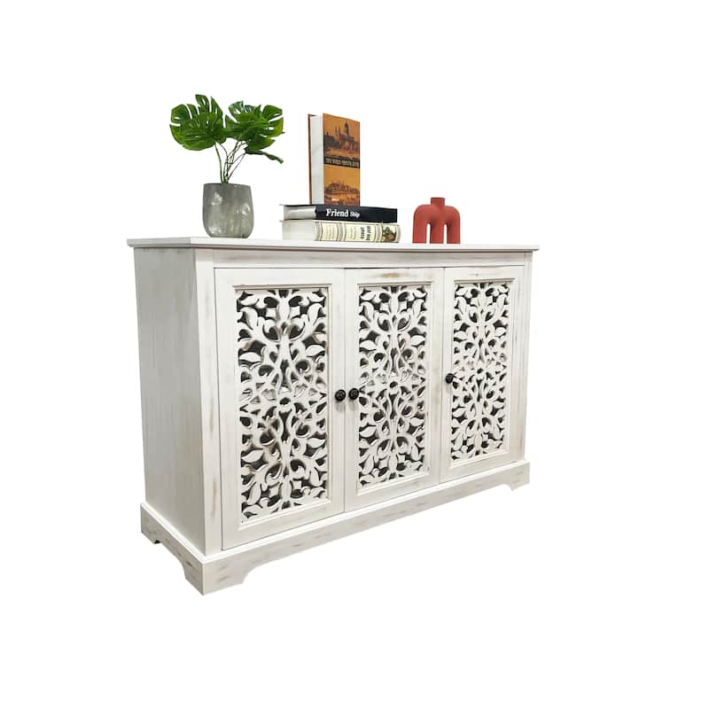Sideboard Buffet Cabinet with 3 Carving Doors, Storage Cabinet with Shelves, Accent Cabinet with Solid Wood Legs