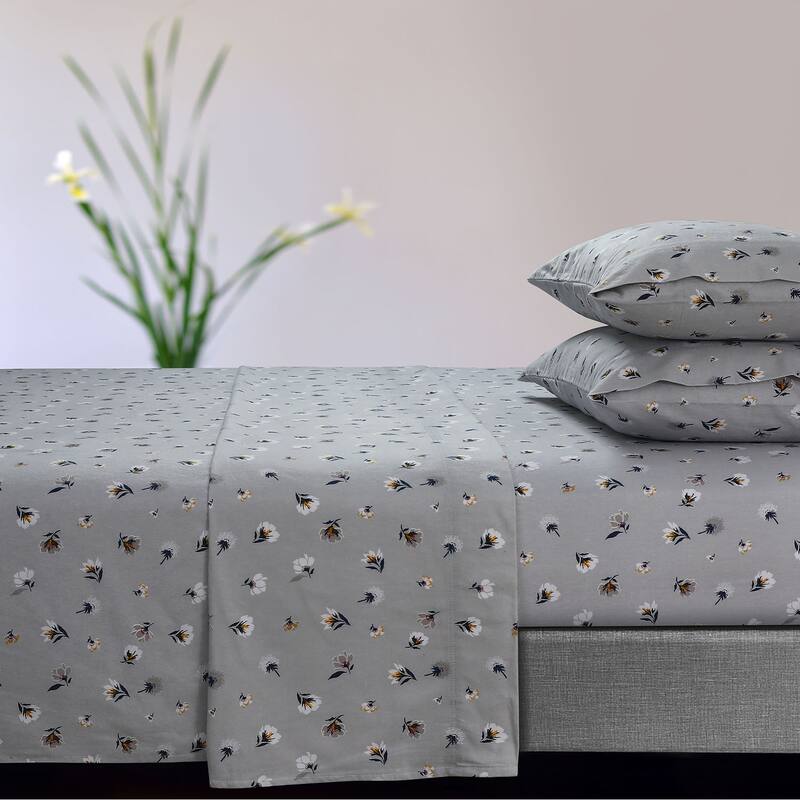 Soft 170-GSM Cotton Flannel Printed Extra Deep Pocket Sheet Set - Queen - Floryn Grey