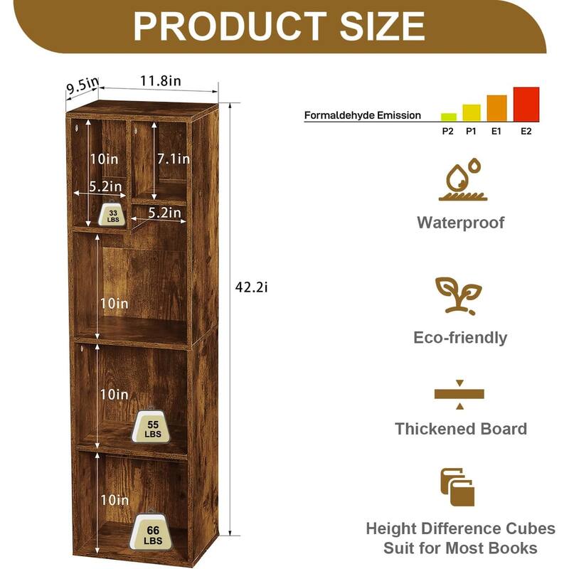 VECELO, (Set of 2) 4-Tier Five Open Cube Wooden Bookcase Organizer, Bookshelf, Book Storage