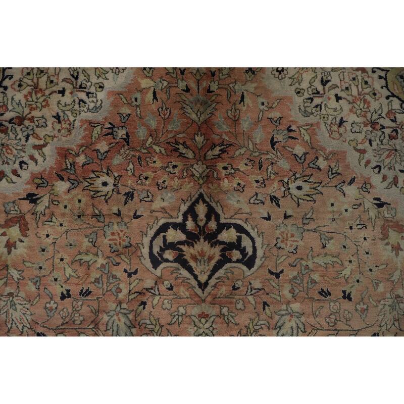 Hand Knotted Oriental Silk Carpet Traditional Floral Peach Kashmir Area Rug - 8' 0'' X 5' 8''