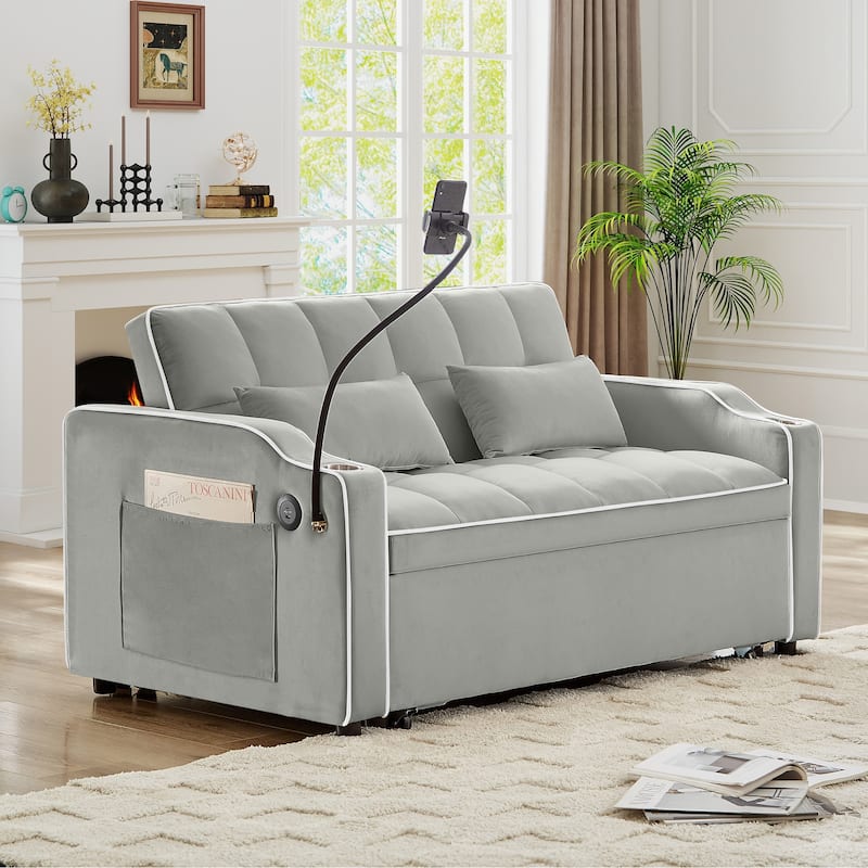 Convertible Sofa Bed Loveseat with Adjustable Backrest & Storage Pockets, Pull-Out Sleeper Sofa with USB Charging Ports - Gray