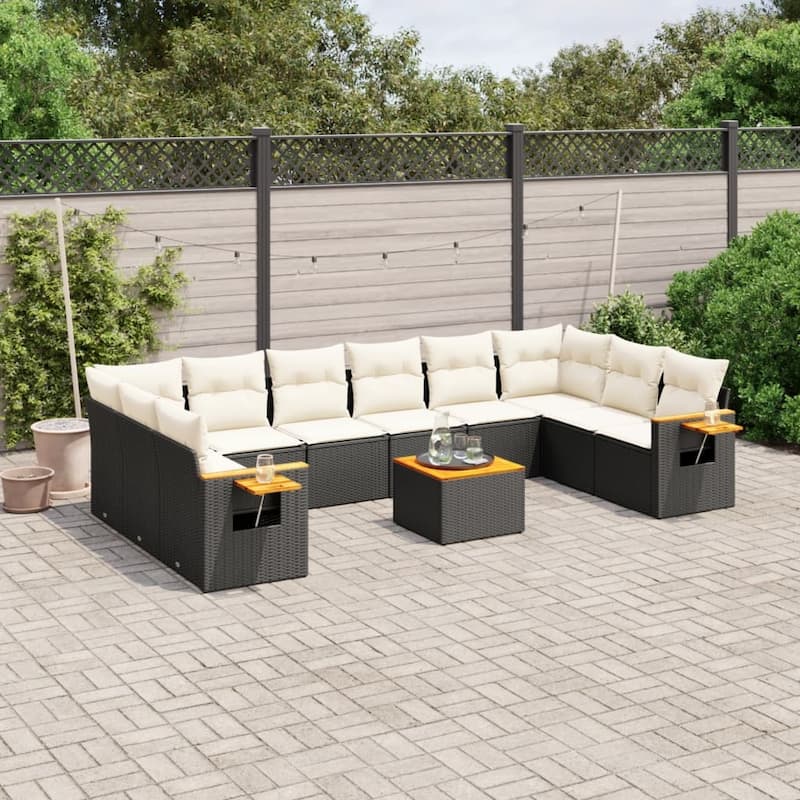 vidaXL Patio Sofa Set with Cushions Outdoor Conversation Furniture Poly Rattan - Black and cream with table - 21.7 x 21.7 x 14.6 in