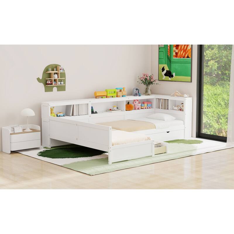 Wooden L-shaped Bed Frame Built-in Storage Cabinets Twin Size Platform Bed with Trundle Bed and Drawer, Storage Captains Bed