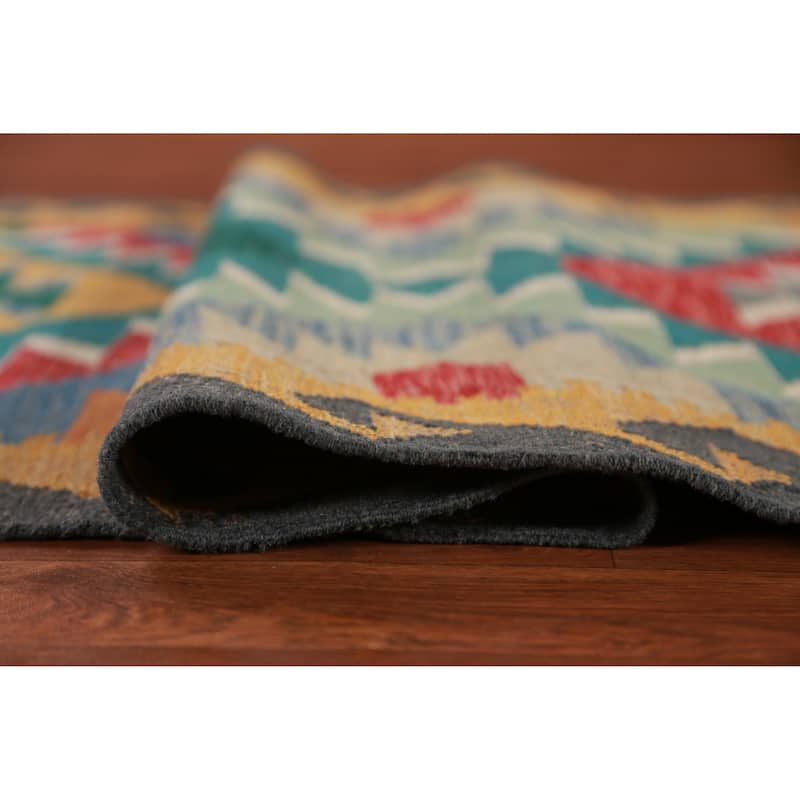 Hand Woven Oriental 100% Wool Carpet Southwestern Geometric Multi-Colored Kilim Runner Rug - 12' 8'' X 2' 9''
