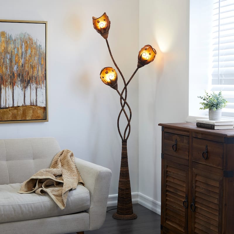 Brown Dried Plant Room Floor Lamp with Decorated Orange Lamp Shades - Brown
