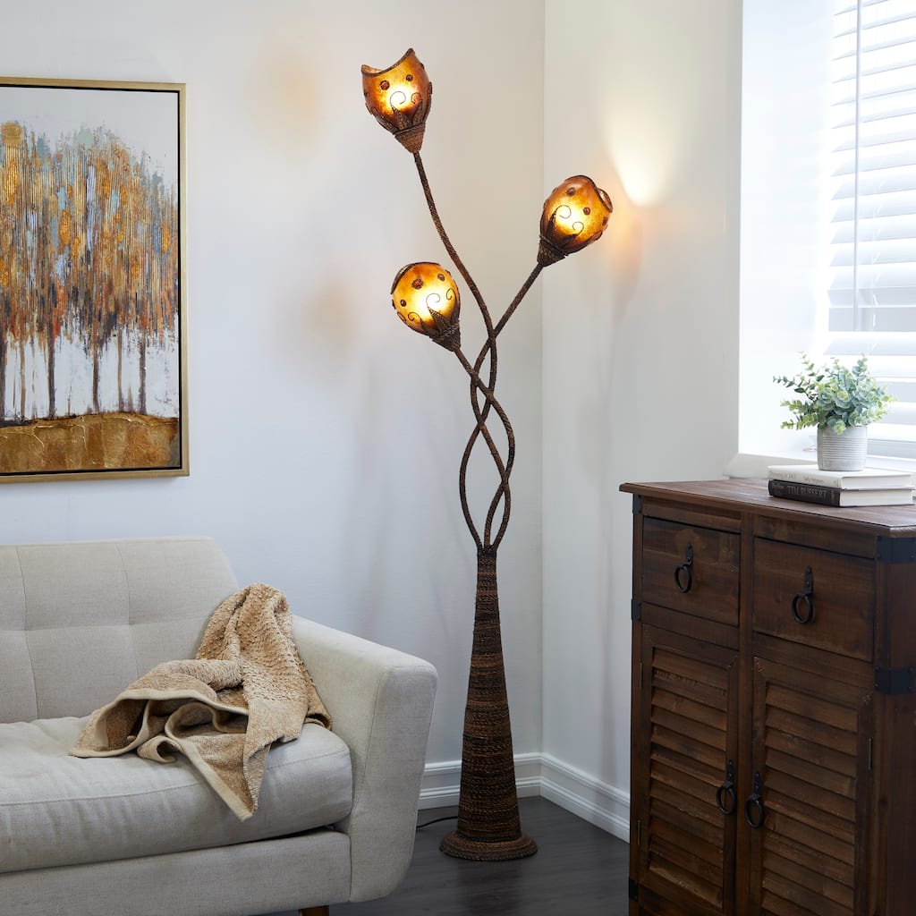 Brown Dried Plant Room Floor Lamp with Decorated Orange Lamp Shades