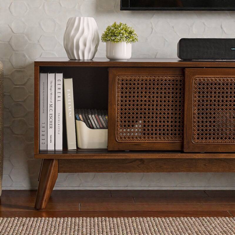 Mid Century Modern 59" Rattan TV Stand for 65" TV, Media Console with Solid Wood Legs and Storage Cabinet