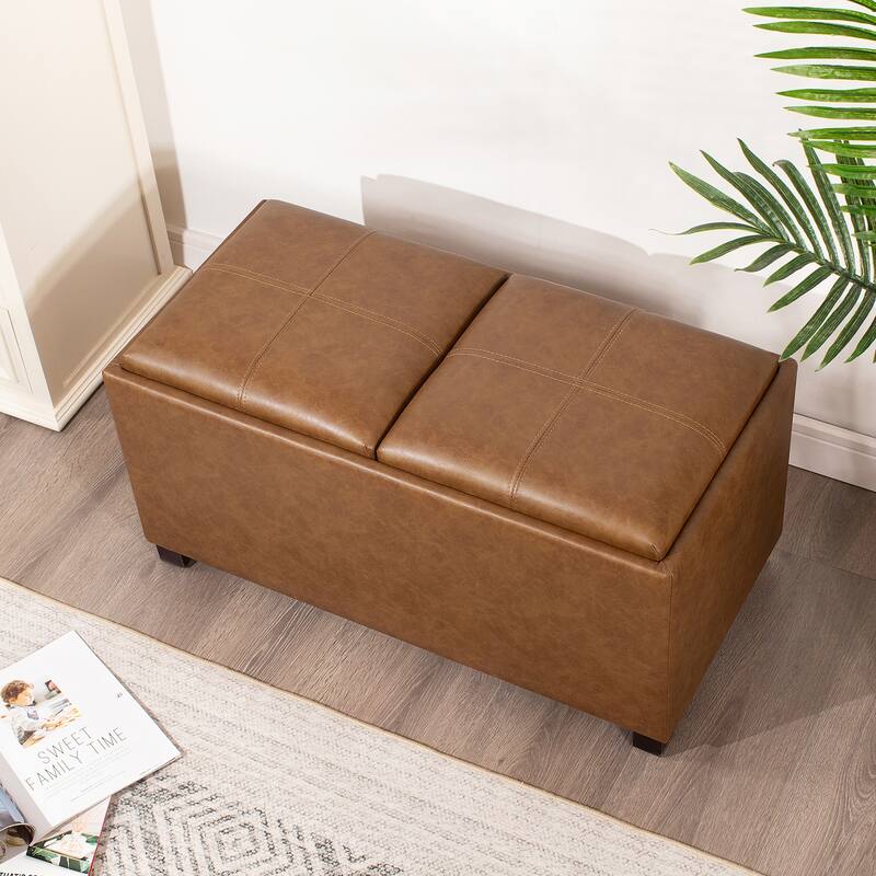 Adeco Rectangle Faux Leather Storage Ottoman with Dual Flip-Top Trays - 31.1"X15.4"X15.7