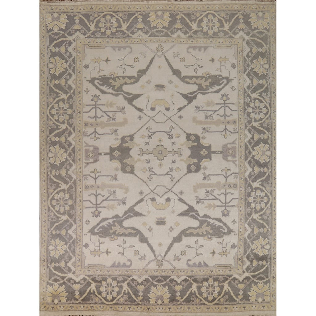 Floral Ivory Oushak Indian Area Rug Hand-Knotted Wool Carpet - 8'3" x 9'8"