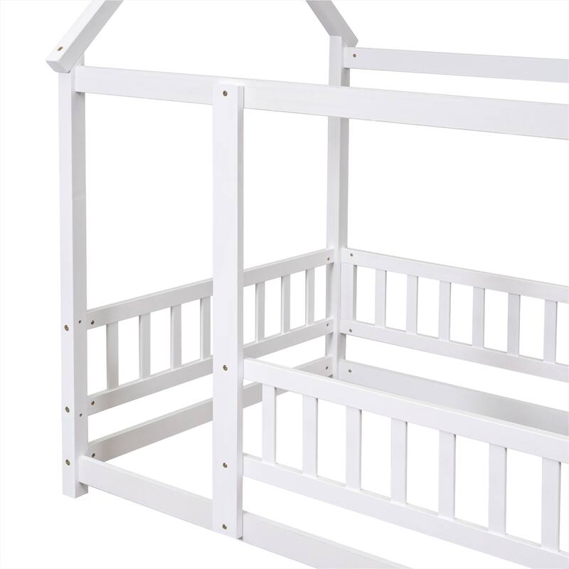 Floor Wooden Bed with House Roof Frame, Fence Guardrails