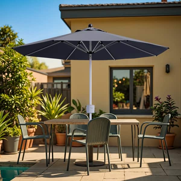 electric opening patio umbrella Automatic with Remote Control while 32 integrated LED lights across 8 ribs provide ambient illumination for nighttime use in backyards Bluu Automatic Market Umbrella