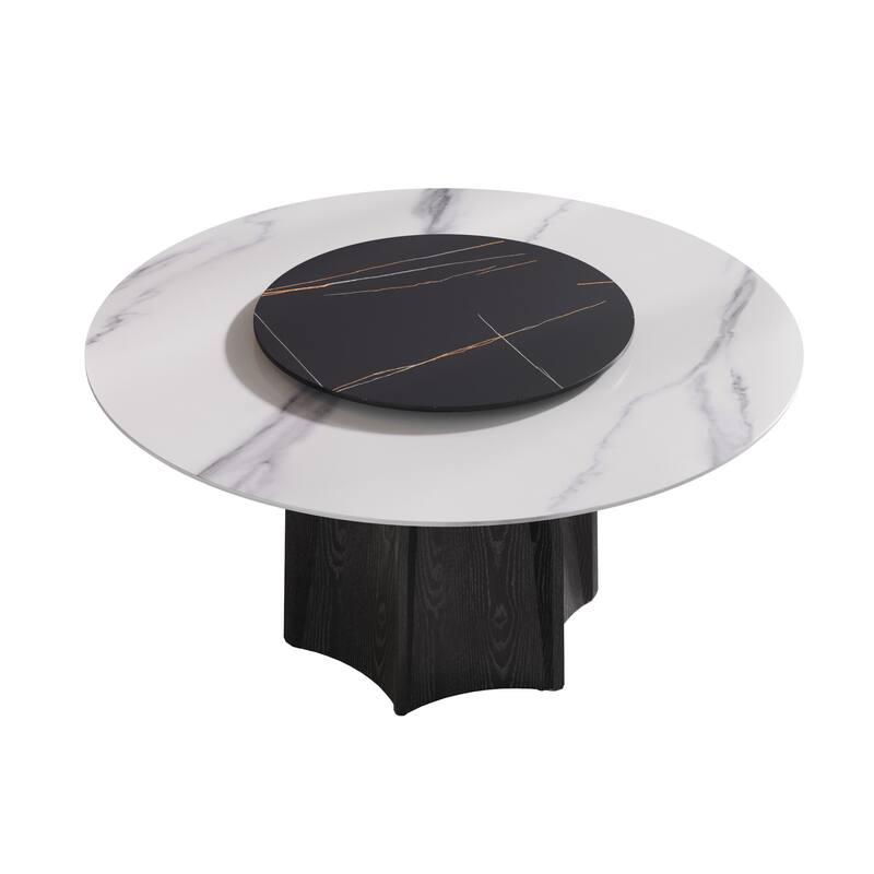 59.05'' Modern Round Sintered Stone Table Top Black Wood Pedestal with Lazy Susan