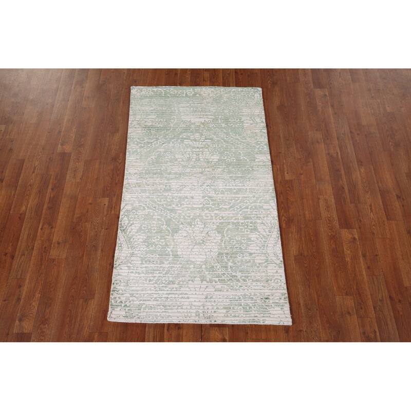 Ivory & Green Abstract Oriental Modern Accent Rug Handmade Wool Carpet - 2'9" x 4'10"