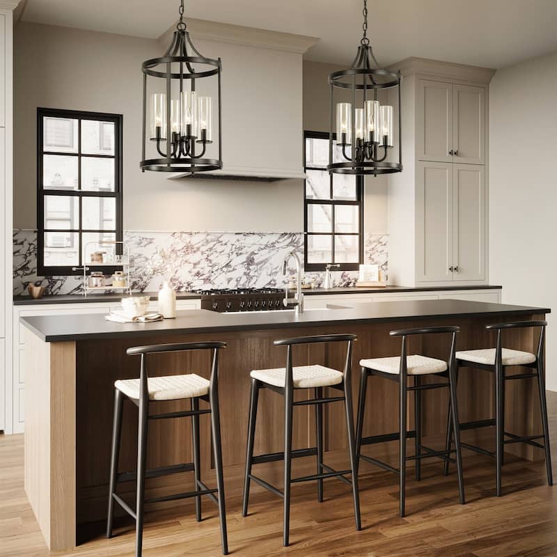4-Light Traditional Black Drum Lantern Kitchen Island Pendant Lighting with Clear Glass Shade - 12.2 in. W x 22.44 in. H