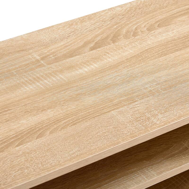 55" Rattan TV Stand with Sliding Doors, Mid Century Media Console with Adjustable Shelf & Solid Wood Legs for Living Room