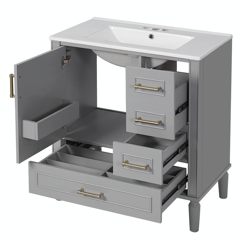30" Bathroom Vanity with Ceramic Sink, Soft-Close Door, Built-in Shelf & Ample Storage