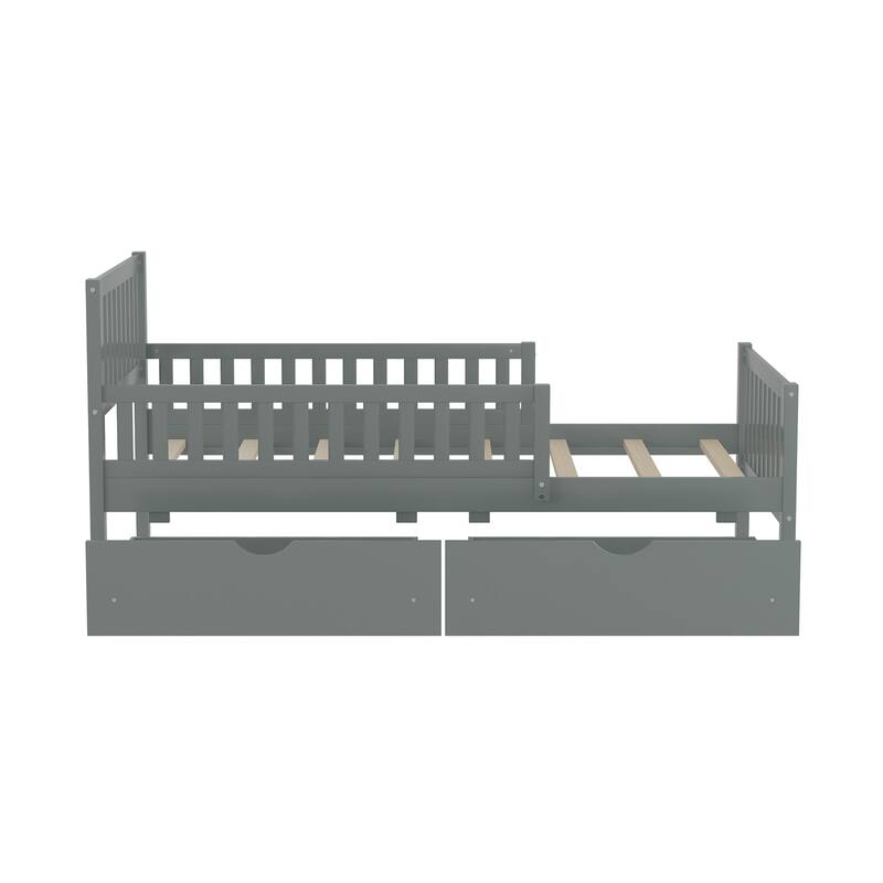 Solid Wood Platform Bed Frame with Guardrail, Drawer