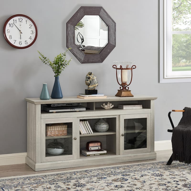 Stone Gray 60" TV Stand with 5 Cable Management Cutouts, Glass Doors and Adjustable Shelves for TVs Up to 65"