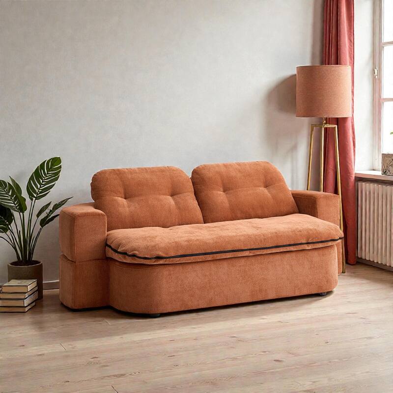 Modern Convertible Floor Sofa Bed with Pillows, Corduroy Foldable Sleeper Sofa Mattress with Built-In Quilt, No Assembly