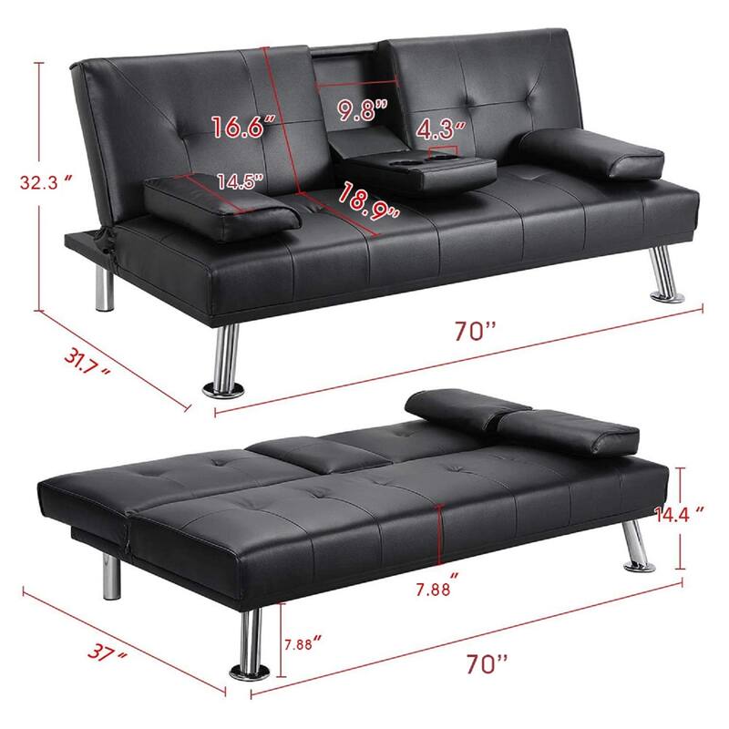 Futon Sofa Bed, Modern Faux Leather Convertible Folding Lounge Sofa for Living Room with 2 Cup Holders Removable Soft Armrests