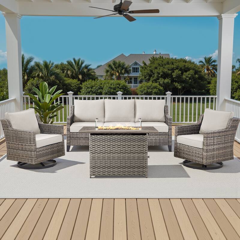 Pocassy Outdoor Swivel Chair with Sofa with Fire Pit Table - Beige Cushion Gray Wicker - 4-Piece Sofa Siwvel Chair w/ Fire Pit Table