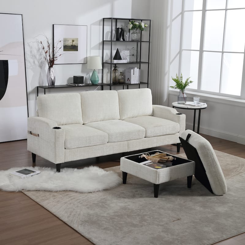 Modular Sectional Sofa with Storage Ottoman, Comfy Chenille Fabric Sofa, 3-Seater Sofa with Side Pockets & 2 Cup Holders