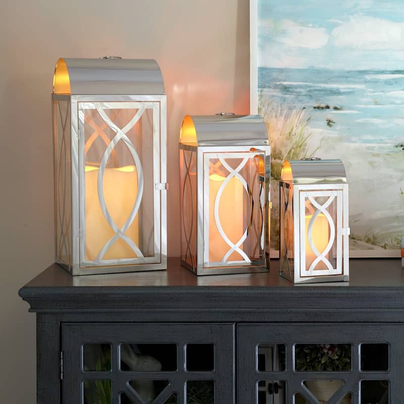 Set of 3 Indoor-Outdoor Rogan Metal Lanterns- Stainless Steel
