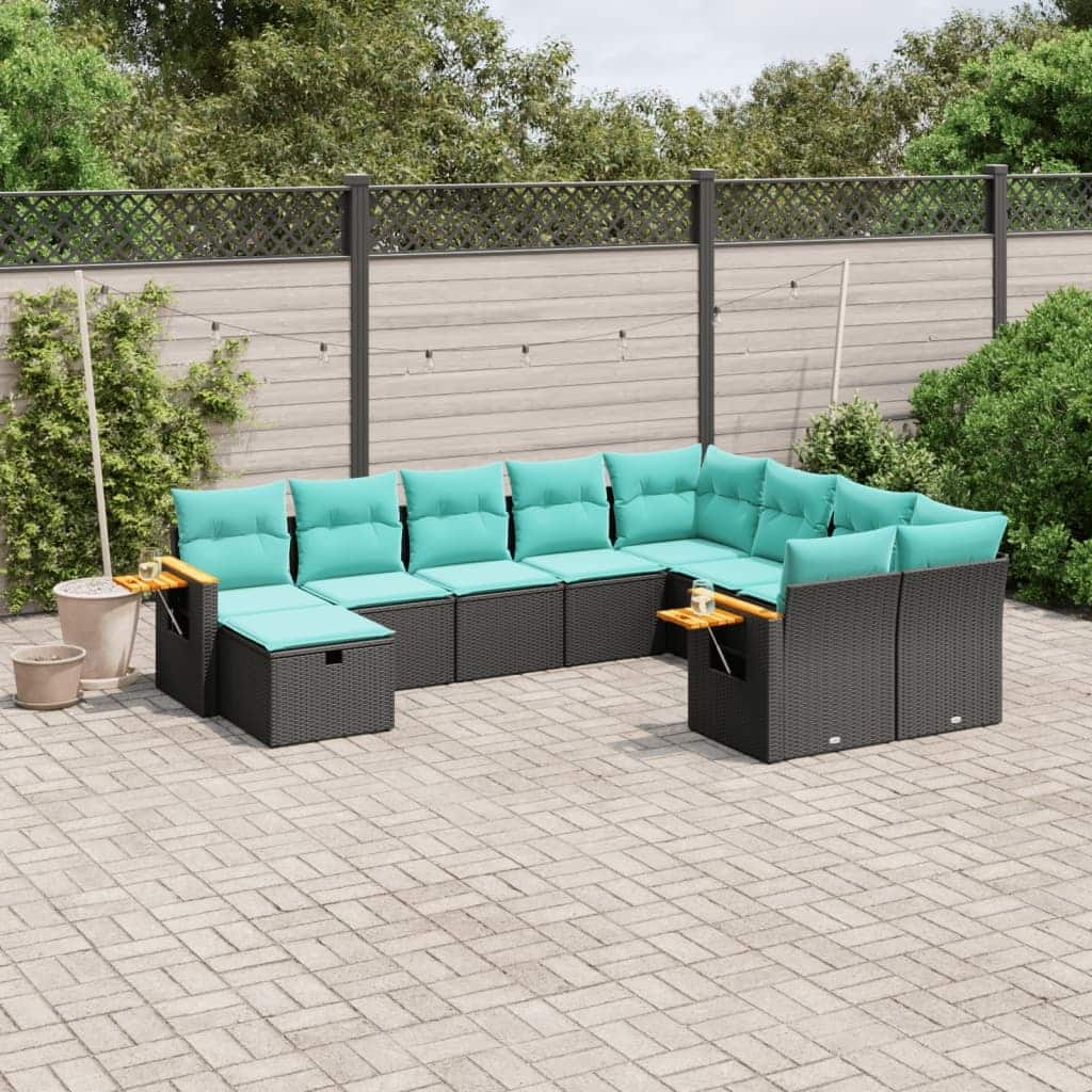 vidaXL 10 Piece Patio Sofa Set with Cushions Black Poly Rattan (US only) - 24.4 x 24.4 x 27.2