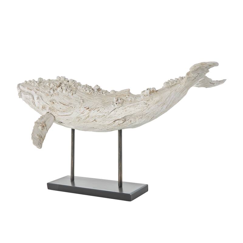 Cream Polystone Textured Whale Decorative Sculpture with Brown Distressing and Black Metal Stand