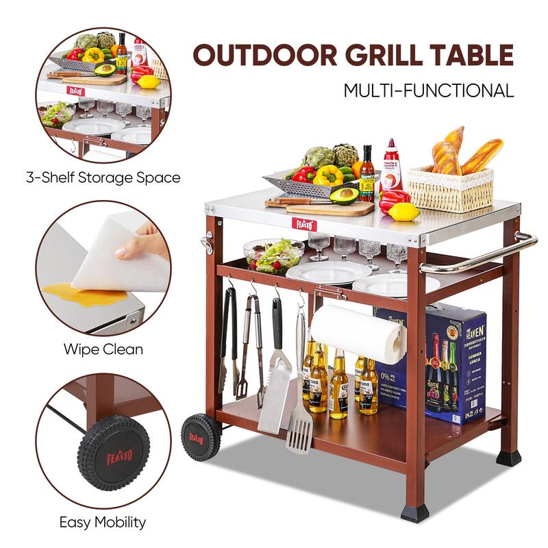 Feasto 734401B 3-Shelf Indoor Outdoor Movable Serving Cart Outdoor Kitchen Station