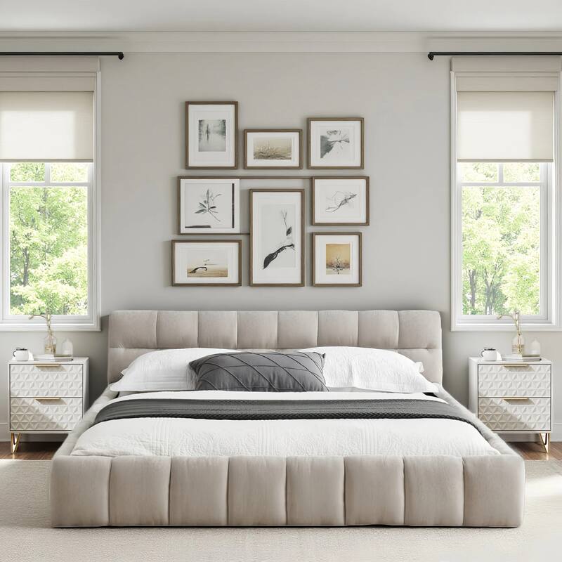 3-Pieces Bedroom Sets Upholstered Bed Frame with Thick Fabric,Solid Frame,2Nightstands with 2 Drawers,Gold Legs & Handles