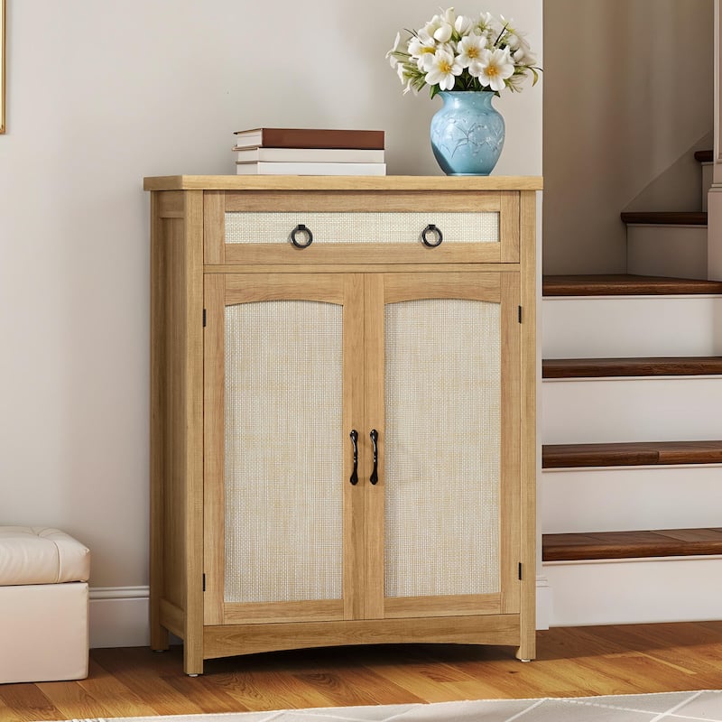 Moasis 5-Tier Farmhouse Shoe Cabinet with Drawer and Door, 20 Pairs Shoes Storage Organizer for Entryway - Brown Rattan