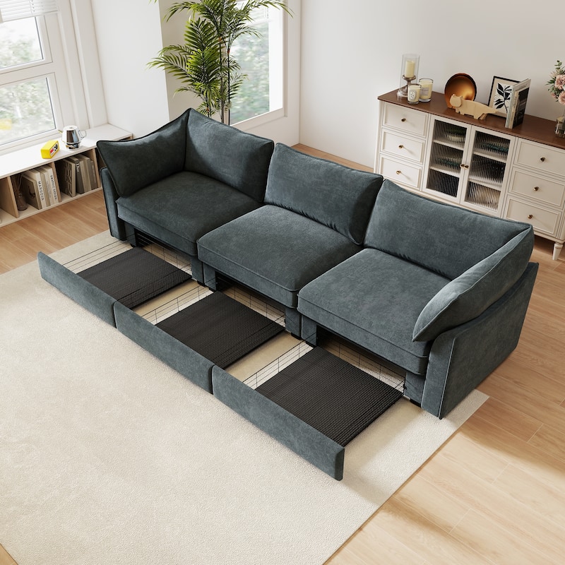 Rossetta 3-Seater Crescent Armrests Sofa with Pull-Out Storage Drawers and Wraparound Cushions in Classic Color Chenille