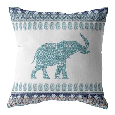 16" Teal Ornate Elephant Zippered Suede Throw Pillow