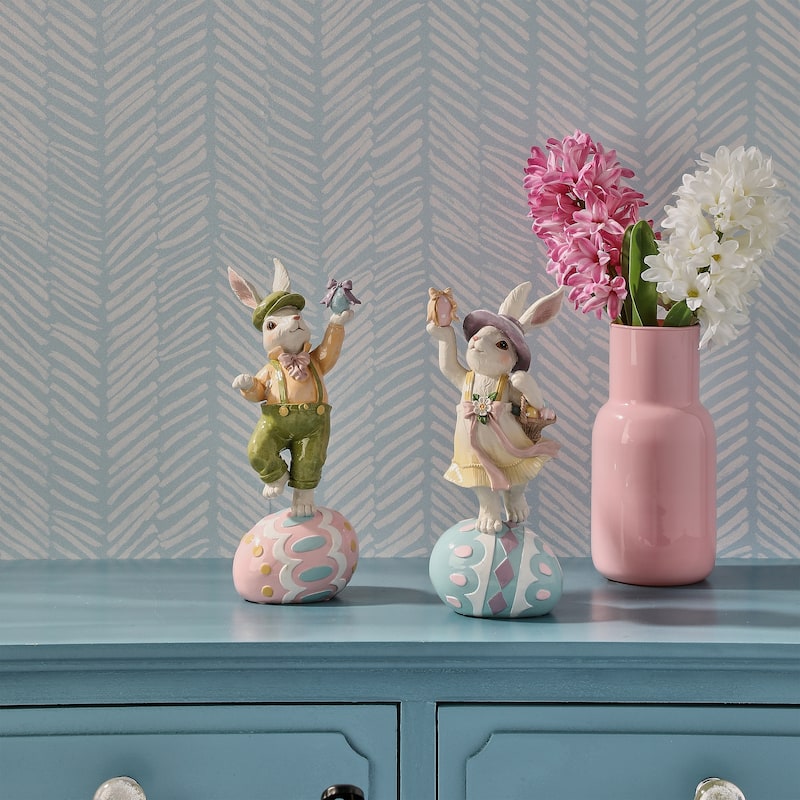 10" Resin Bunny On Egg Set of 2