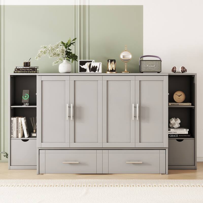 Gray Full Size Murphy Bed with Shelves, Drawers, and LED Lighting