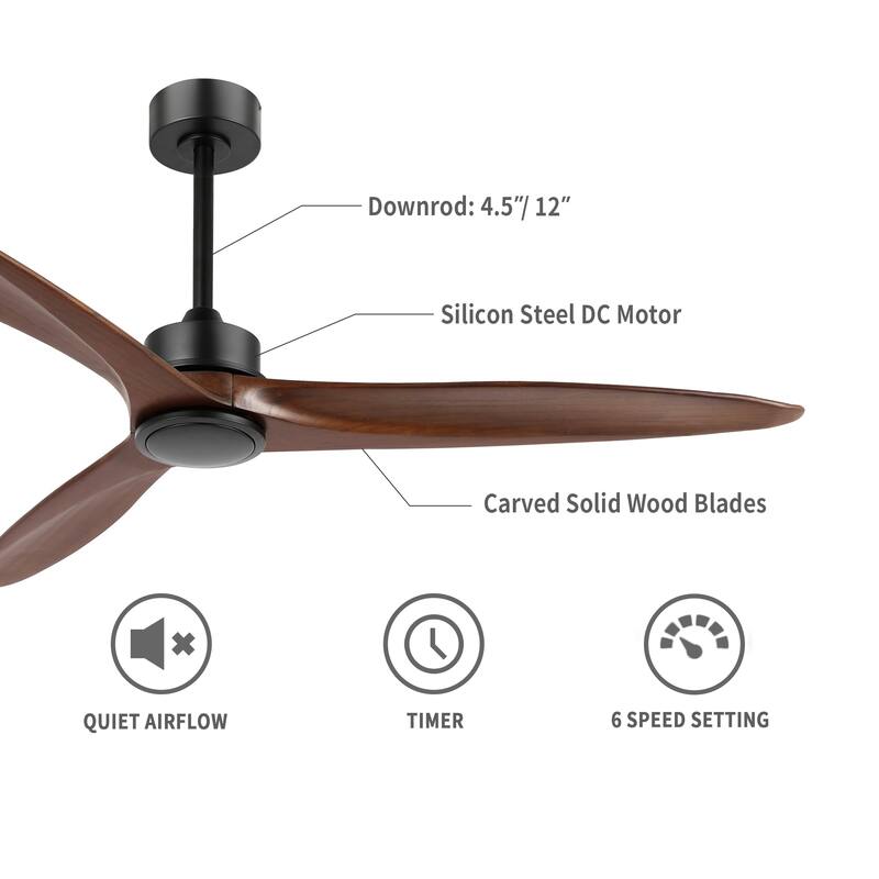 52" Solid Wood 3-Blade Propeller Ceiling Fan with Remote Control