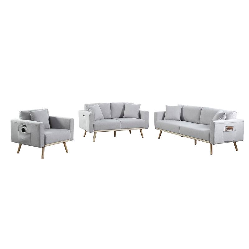 3 Piece Linen Fabric Living Room Set with USB Charging Ports and 5 Pillows - Light Gray