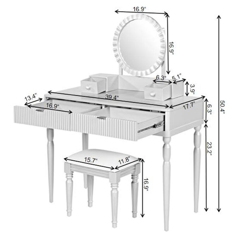 Luxury Vanity Desk with Round Mirror and Stool, Height-Adjustable Dressing Table Set