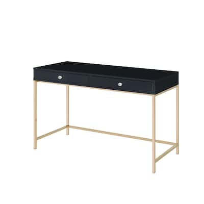 Black Wood Writing Desk with Gold Metal Base, Drawers and Shelving