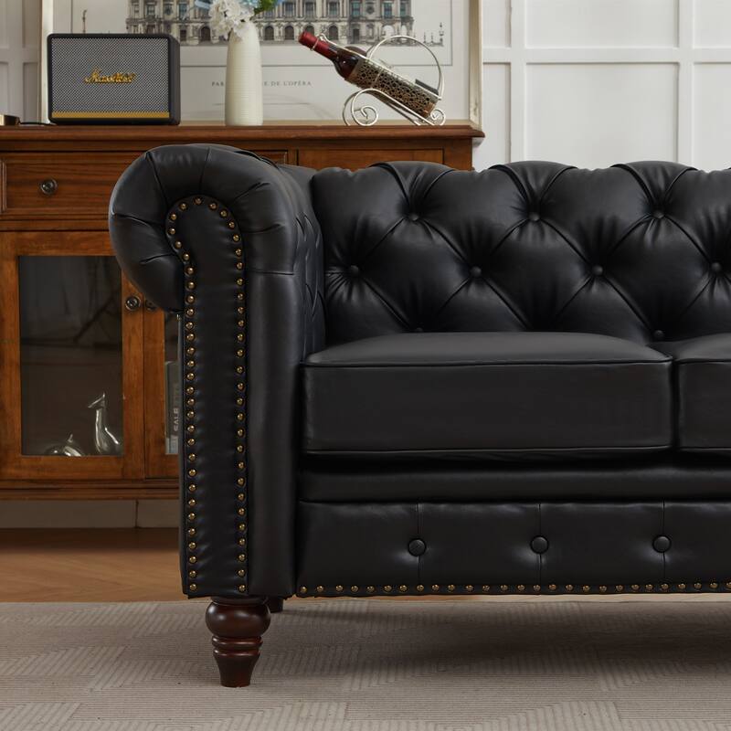 Vintage PU Button-Tufted Sofa Couch, Flared Arms, Rubberwood Legs & Nailhead Trim