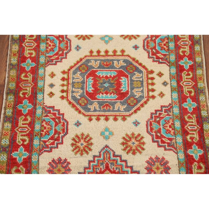 Geometric Kazak Accent Rug Hand-Knotted Beige Wool Carpet - 2'1"x 2'10"