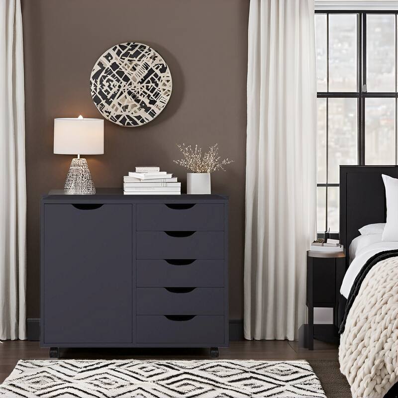 5-Drawer Wood Storage Dresser Cabinet with Wheels - Craft Organizer and Makeup Drawer Unit for Closet and Bedroom