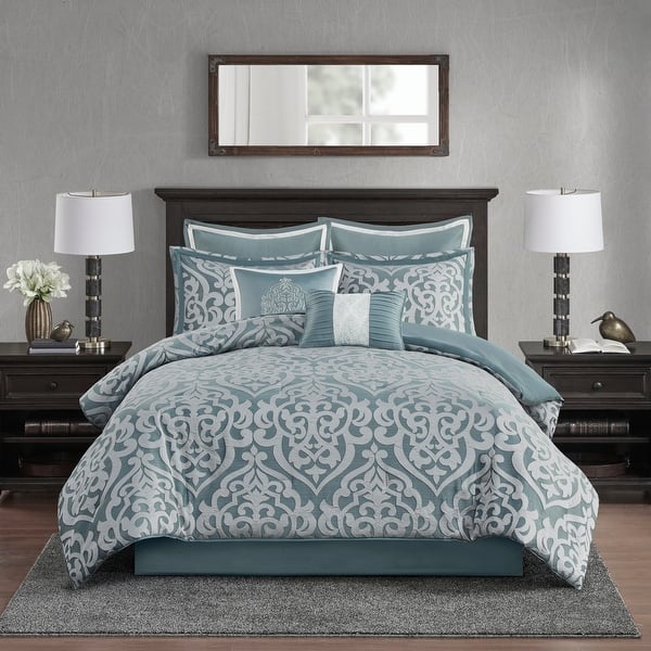 slide 2 of 70, Madison Park Dillon 8 Piece Jacquard Comforter Set Aqua/Silver - California King
