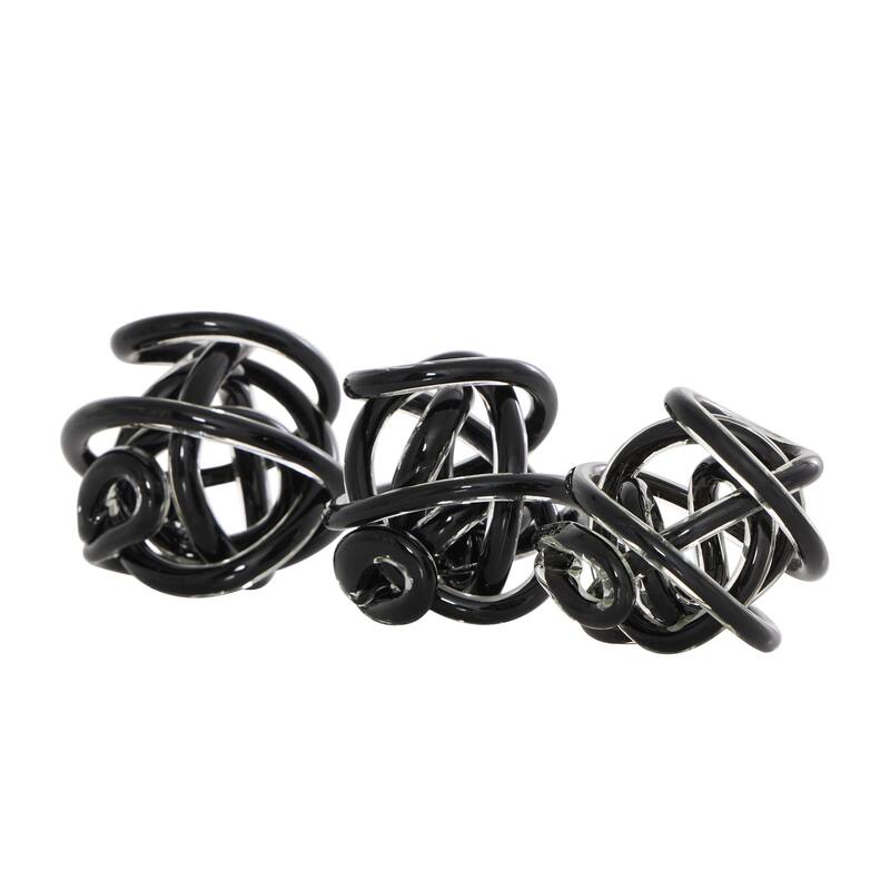 Glass Abstract Handmade Iridescent Knotted Ball Sculpture - Set of 3 Dark Gray, Black or Clear - Roche River Decor