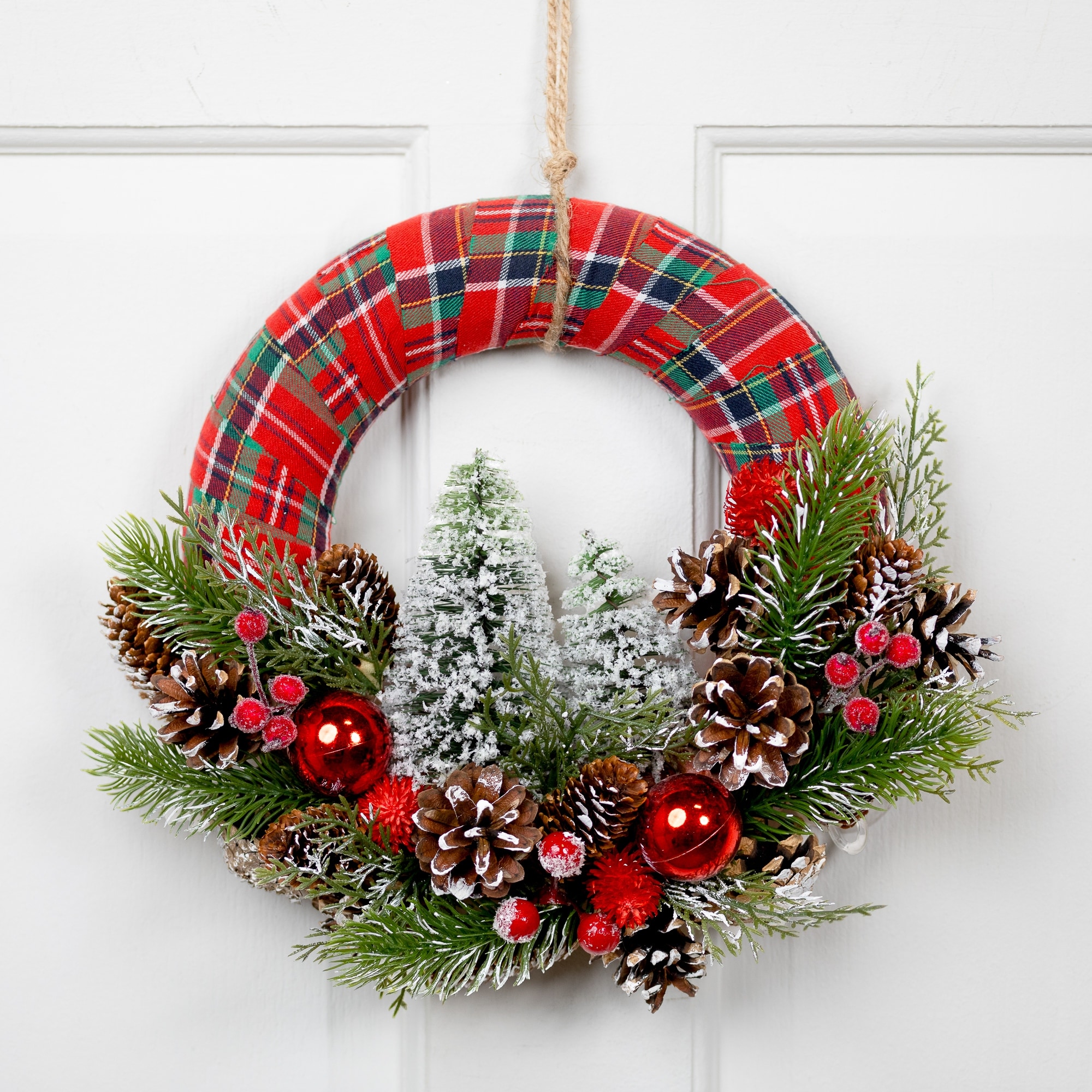 Frosted Trees and Pinecone Plaid Artificial Christmas Wreath - 13.5